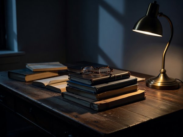 High-contrast photograph of an editorial desk with stacked notebooks, reading glasses, and deep evening shadows