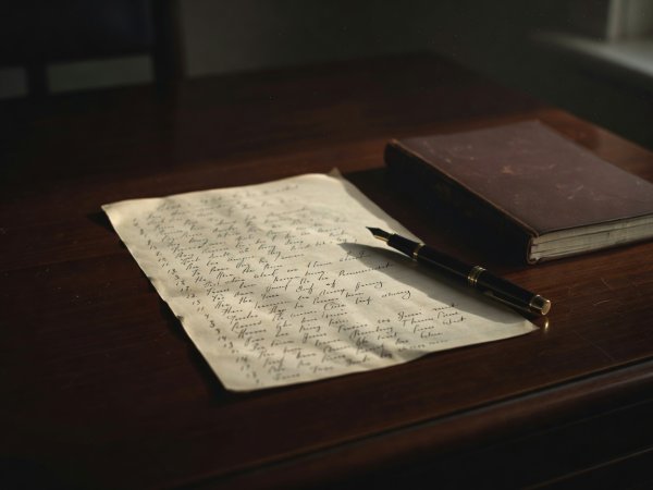 Moody photograph of a handwritten paper reading list beside a fountain pen and notebook in deep afternoon light