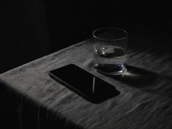 Moody high-contrast photograph of a smartphone resting quietly beside a glass of water on a shadowed linen tablecloth