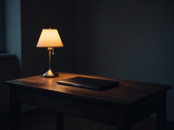 Deep-shadow photograph of a quiet wooden desk with a warm desk lamp and closed laptop in an evening room