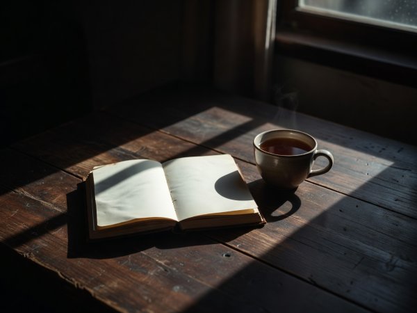 Moody high-contrast photograph of an open journal and teacup on a dark wooden table with deep natural shadows